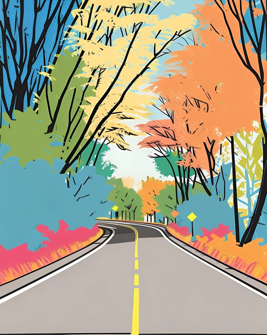 Pop art drawing of a scenery road, created from a reference photo by PortraitArt app