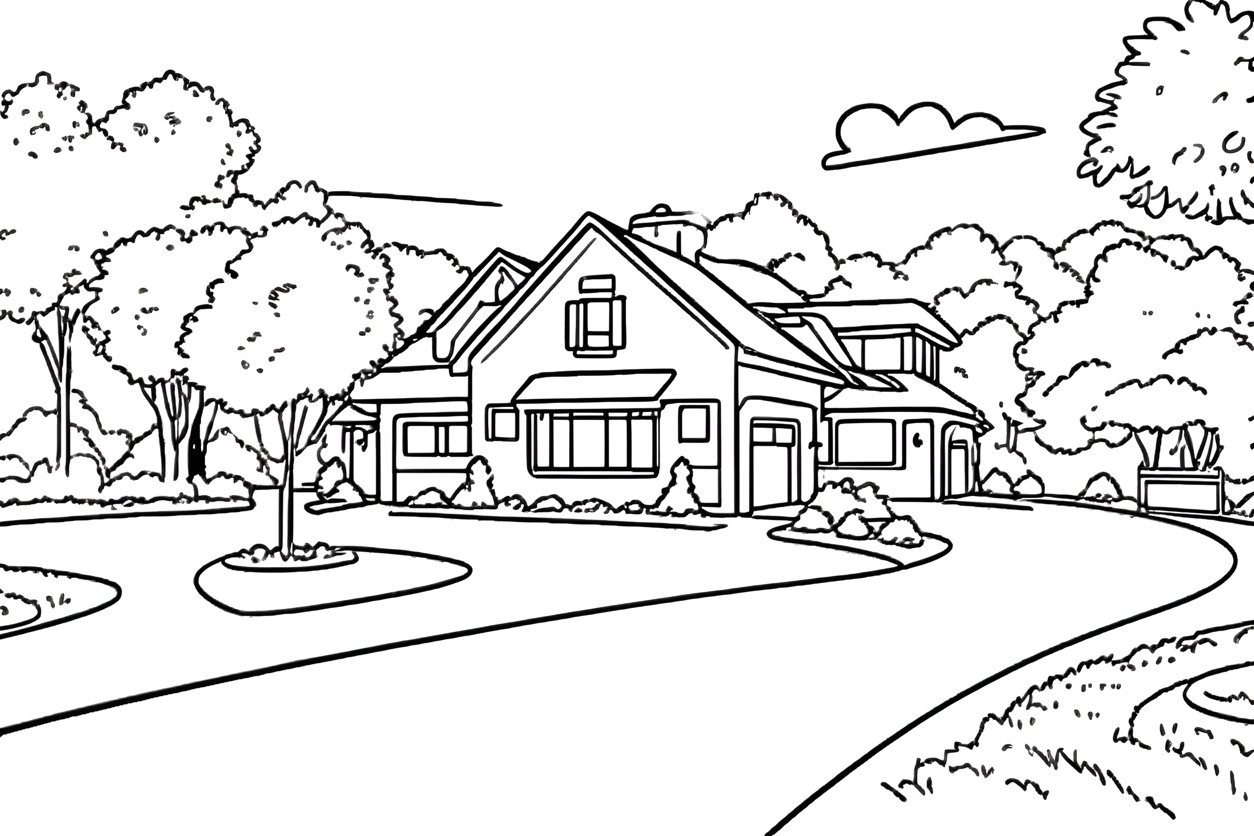 A house coloring page made from a photo, created by generative AI similar as midjourney