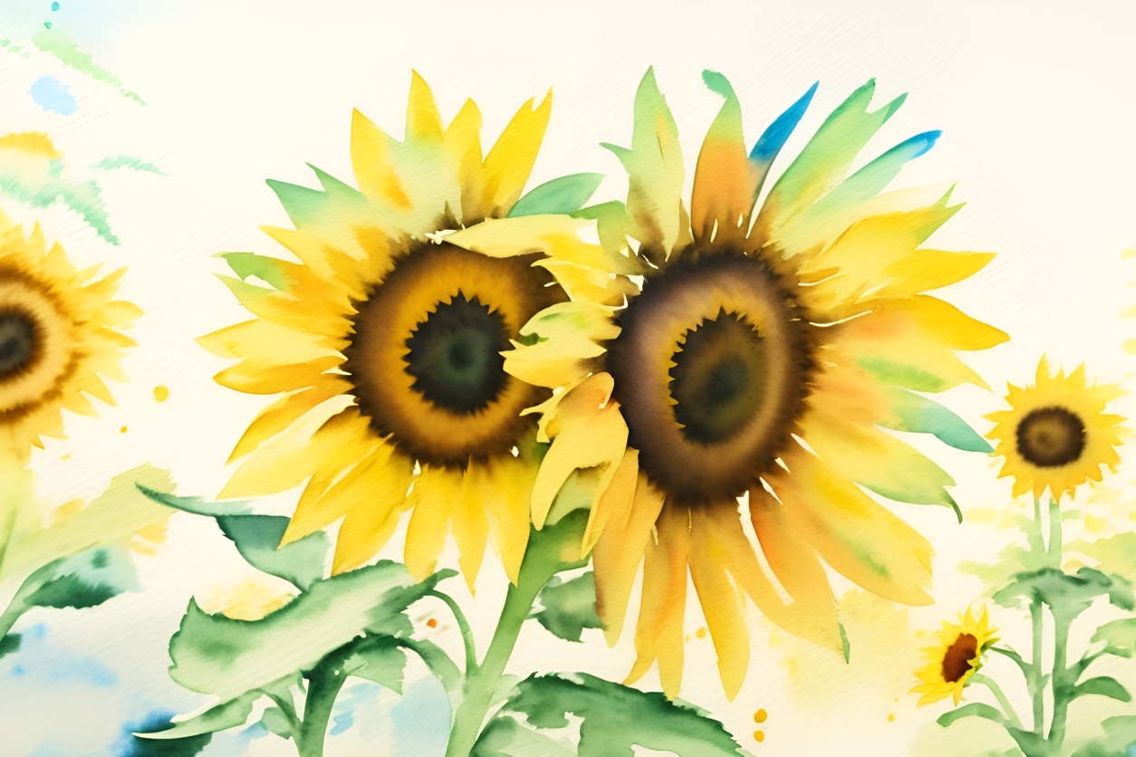 Watercolor painting of sunflowers, created from a reference photo by generative AI similar as MidJourney and ChatGPT