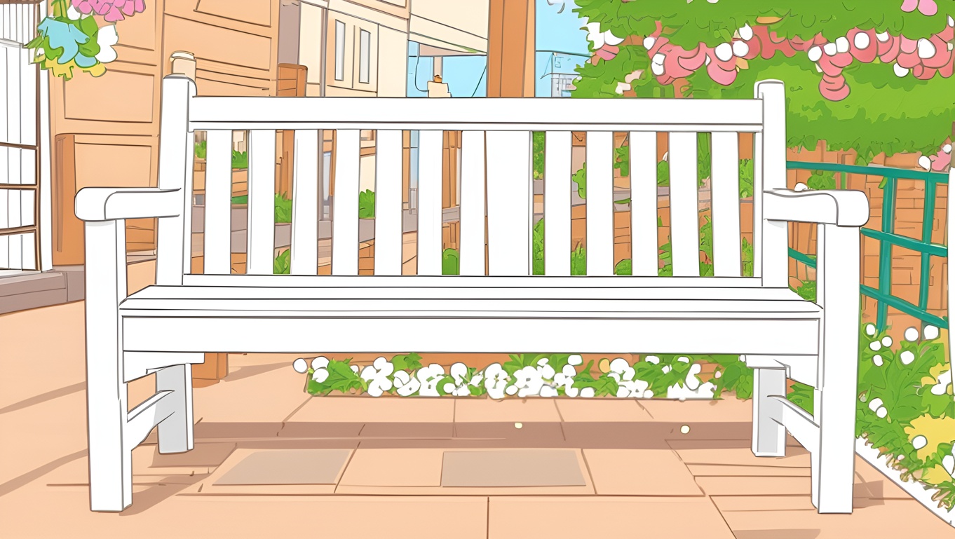 Line art picture of a outdoor bench, created from a reference photo by generative AI similar as MidJourney and ChatGPT