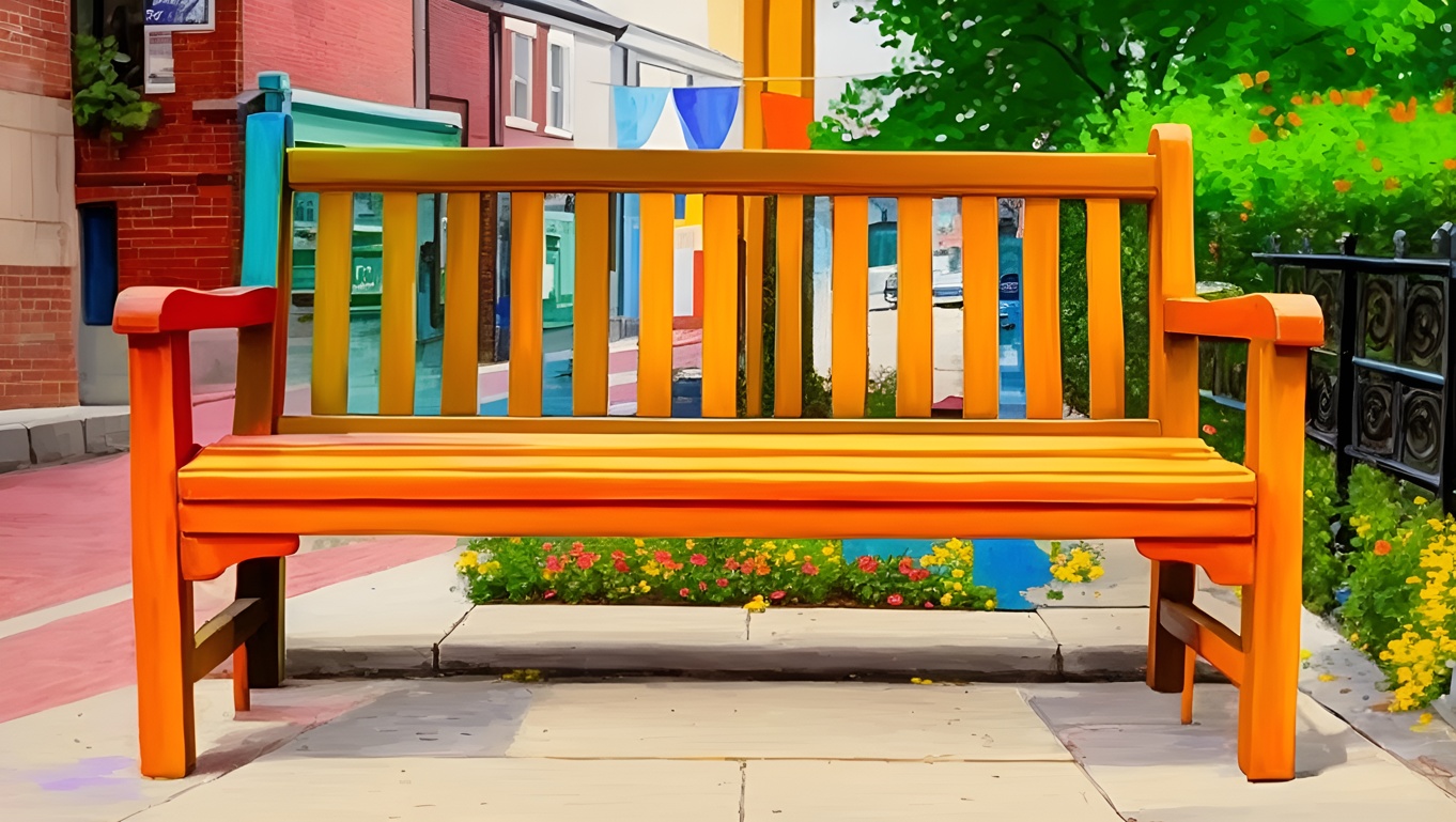 Oil painting of a outdoor bench, created from a reference photo by generative AI similar as MidJourney and ChatGPT