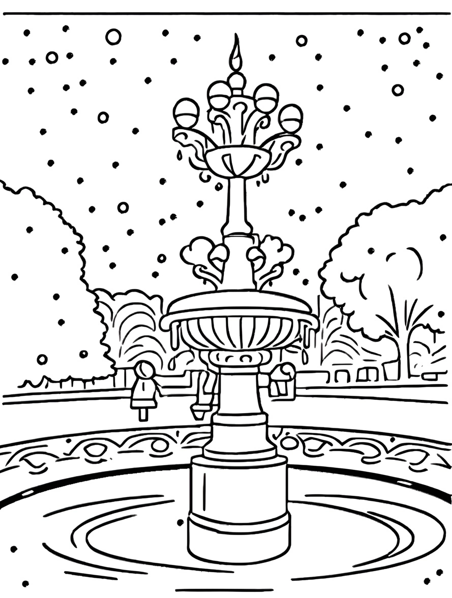 Coloriage d'une fontaine dans un parc, créé à partir d'une photo de référence de l'application PortraitArt