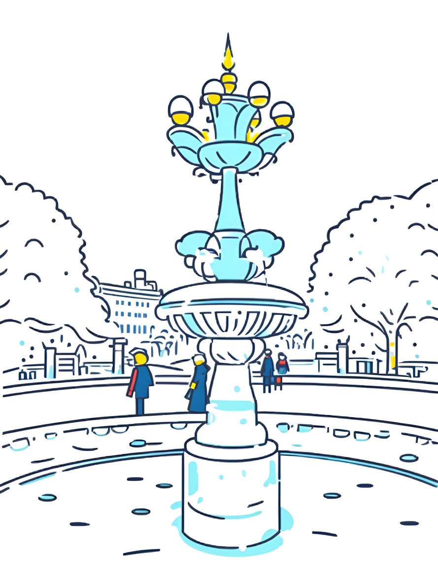 Line art picture of a fountain in a city park, created from a reference photo by PortraitArt app