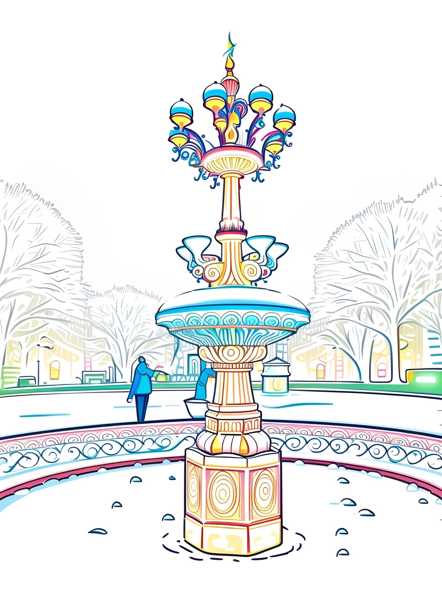 Line Art Picture d'une fontaine dans un parc de la ville, créée à partir d'une photo de référence de l'application PortraitArt