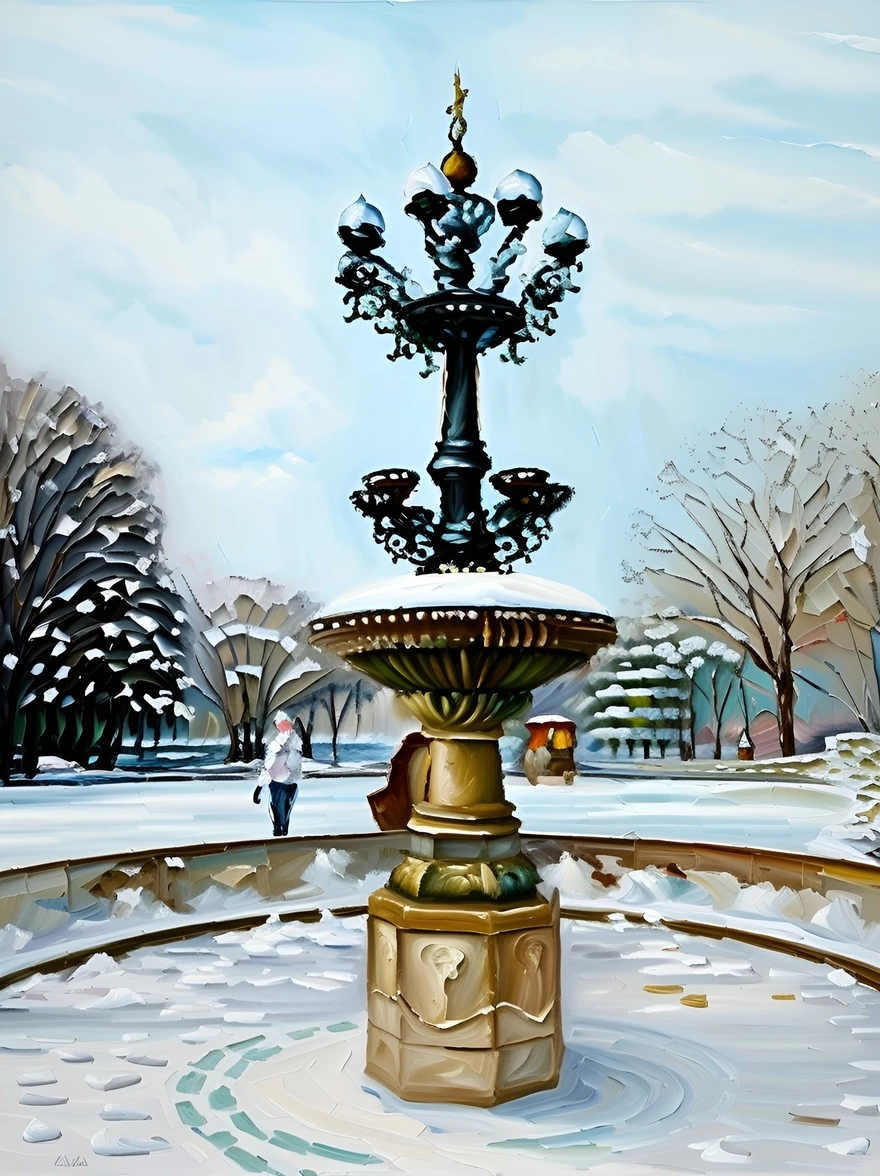 Oil painting of a fountain in a park, created from a reference photo by PortraitArt app