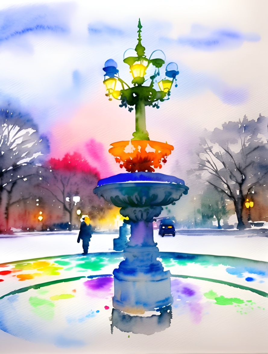 Watercolor painting of a fountain in a city park, created from a reference photo by PortraitArt app