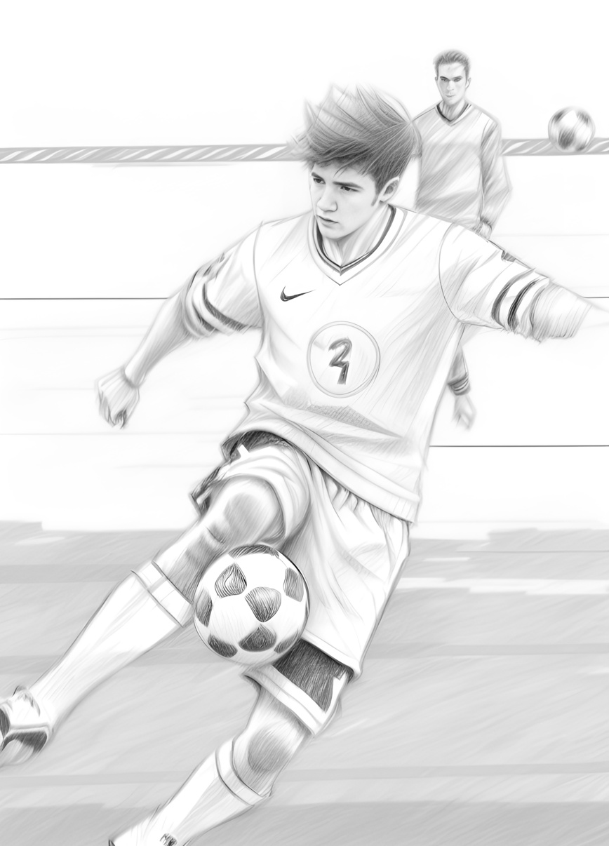 pencil sketch drawing of a soccer player, created from a reference photo with generative AI app