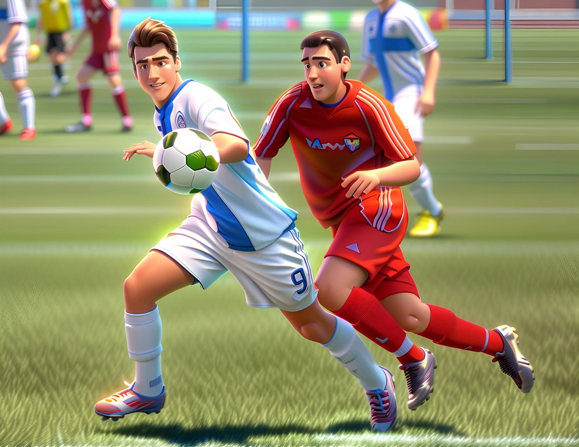 Cartoon 3D drawing of two kids playing soccer, created from a reference photo by generative AI similar as MidJourney and ChatGPT