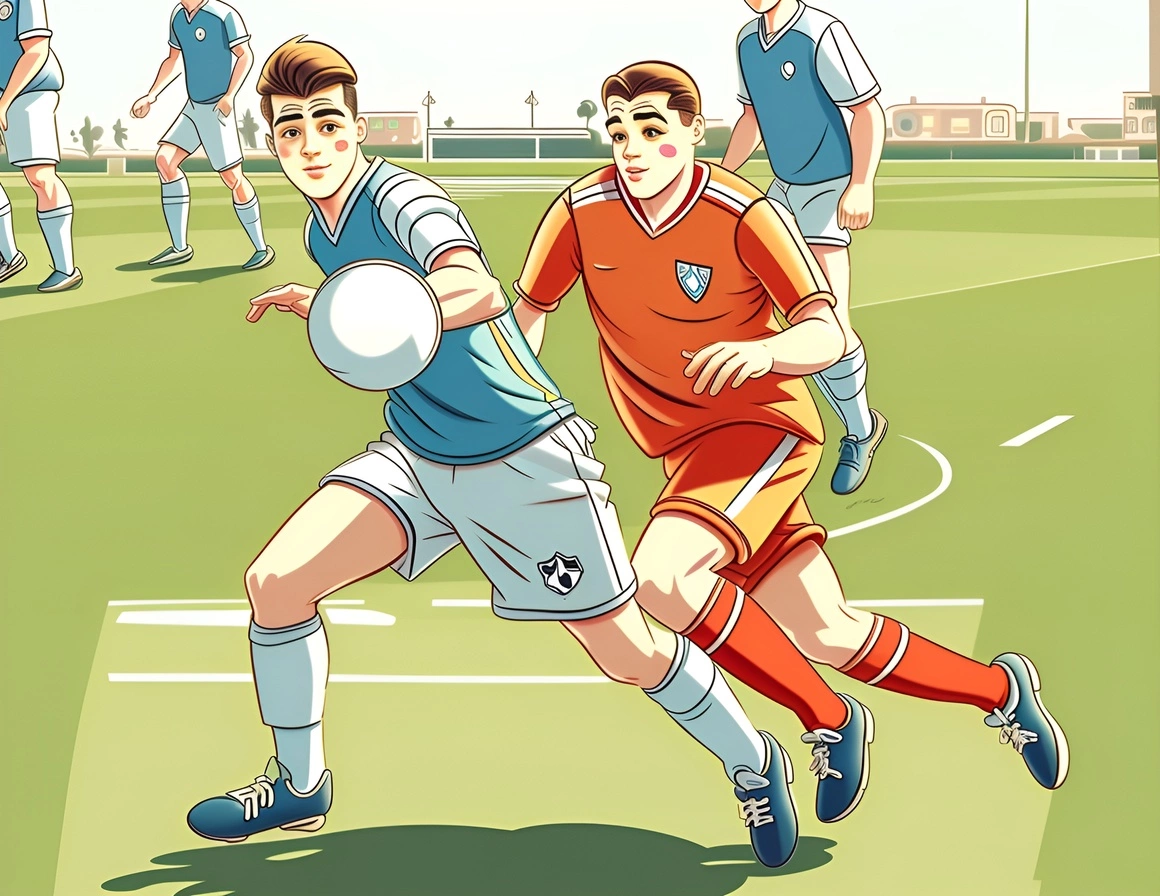 Cartoon drawing of two kids playing soccer, created from a reference photo by generative AI similar as MidJourney and ChatGPT