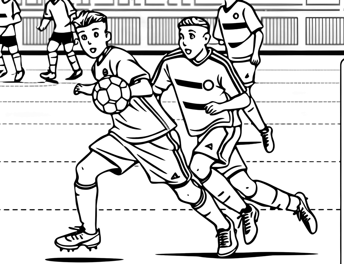 Photo to art example: a coloring page made from a soccer game photo