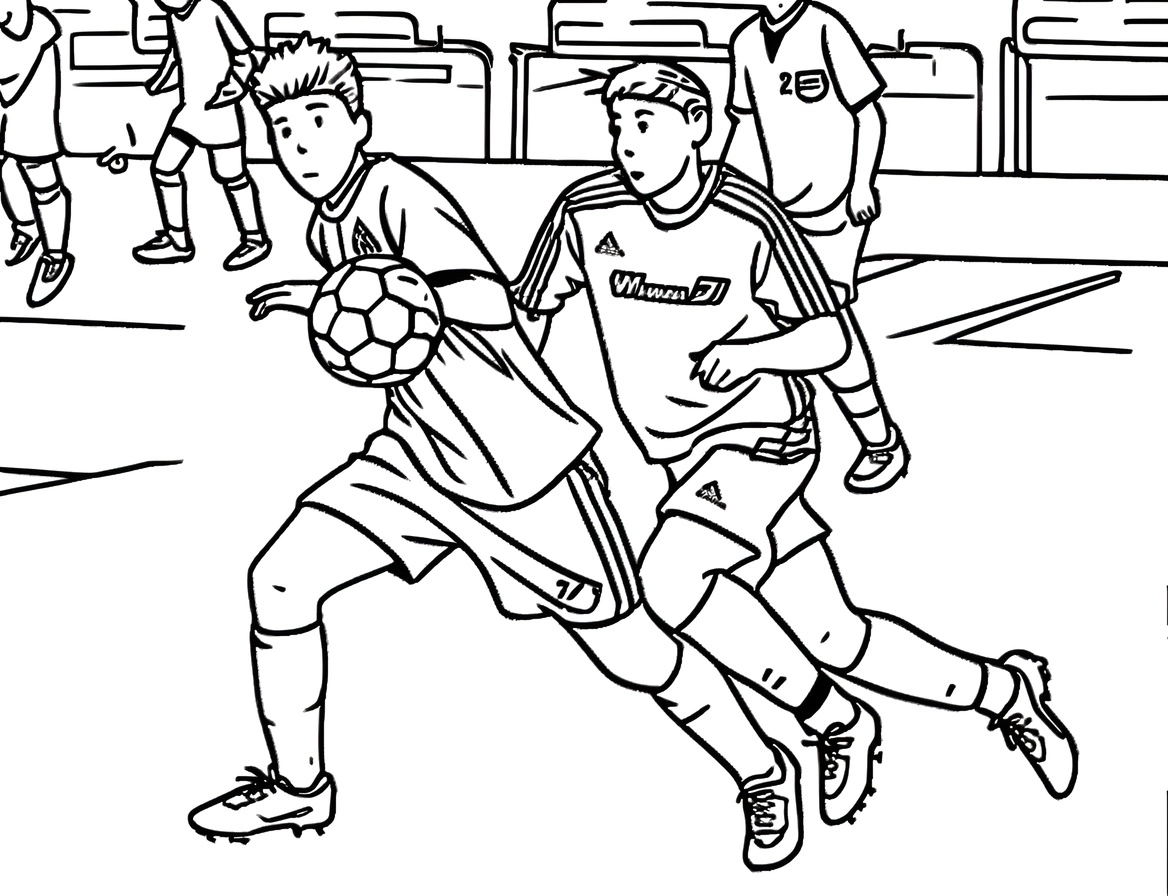 Photo to art example: a coloring page made from a soccer game photo