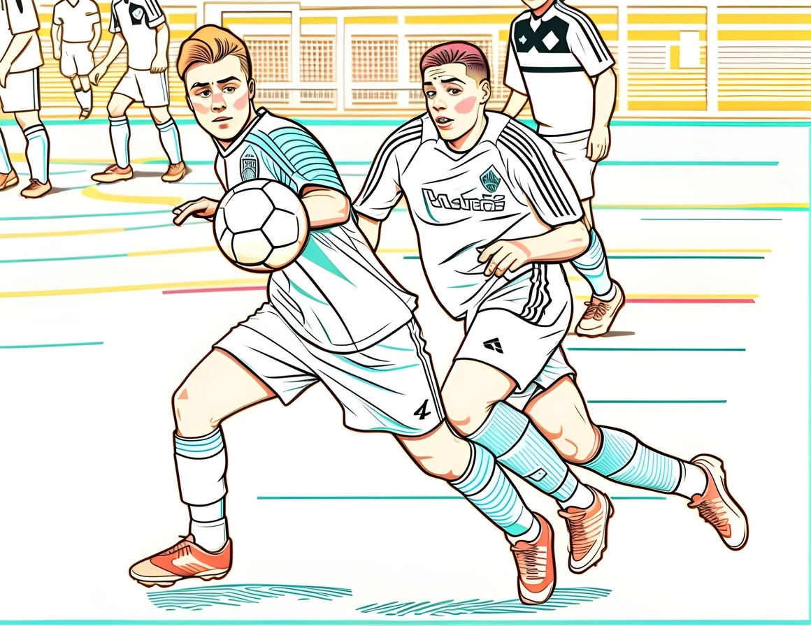 Line art drawing of two kids playing soccer, created from a reference photo by generative AI similar as MidJourney and ChatGPT