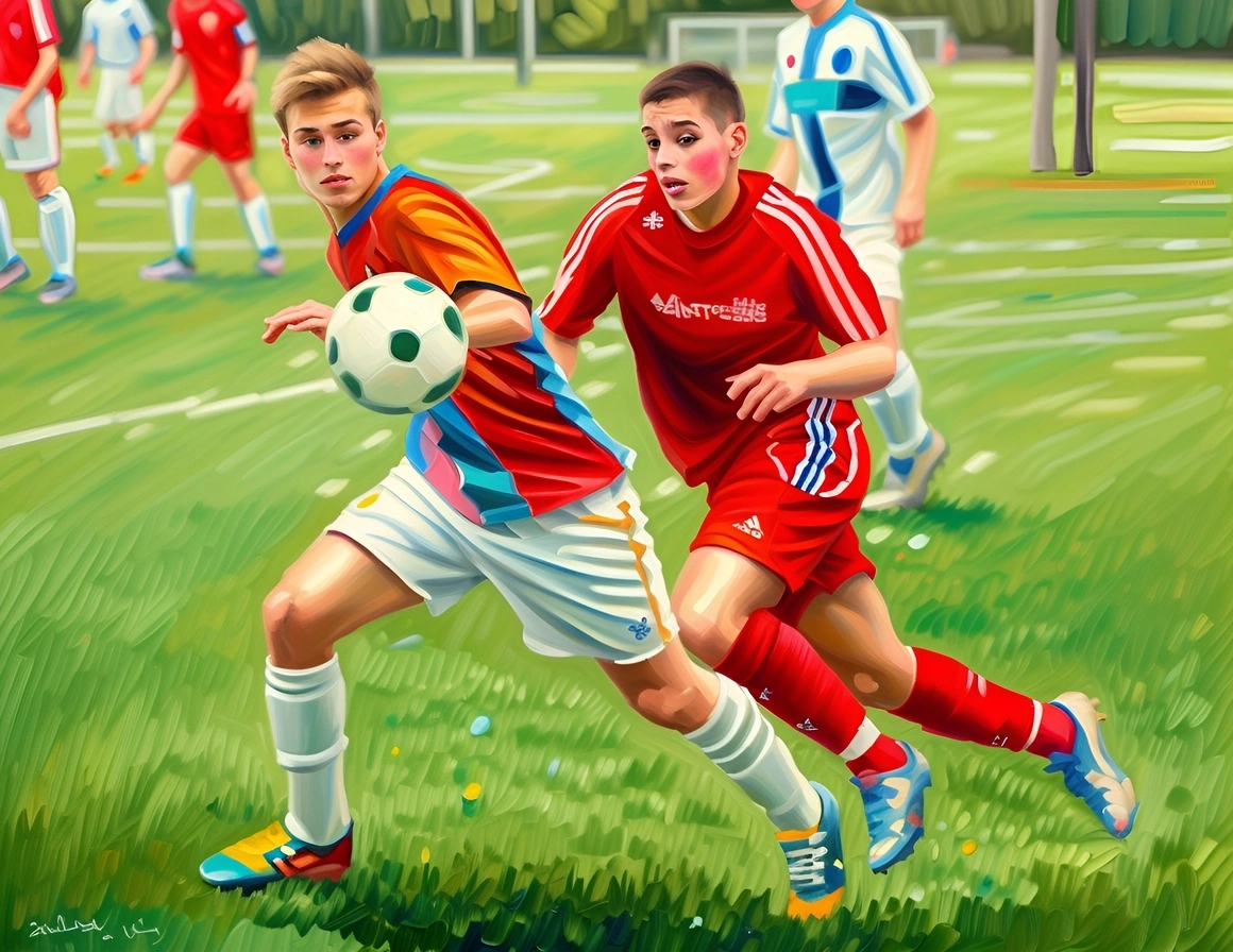 Oil painting of two kids playing soccer, created from a reference photo by generative AI similar as MidJourney and ChatGPT