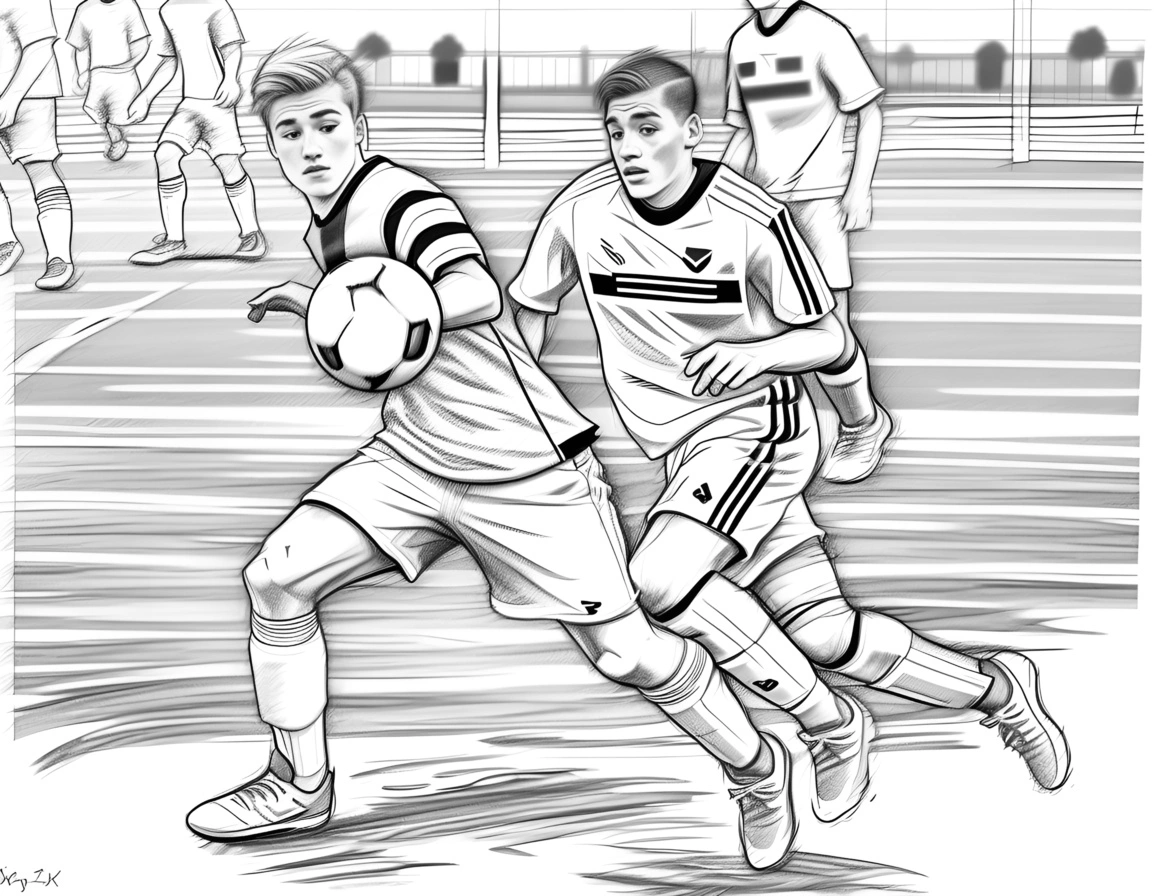 Pencil sketch of two kids playing soccer, created from a reference photo by generative AI similar as MidJourney and ChatGPT