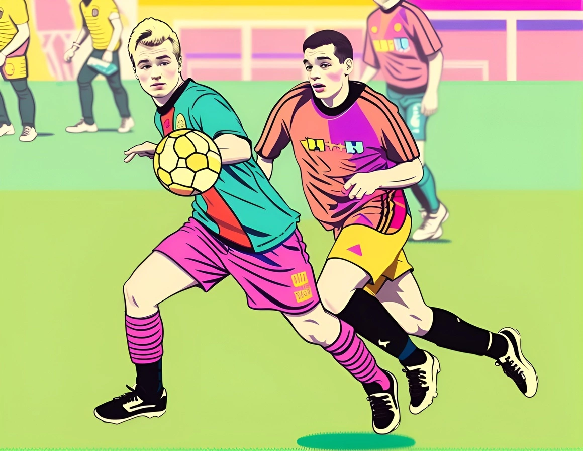 Pop Art von zwei Kindern, die Fußball spielen und aus einem Referenzfoto von generativen KI erstellt wurden, ähnlich wie Midjourney und Chatgpt