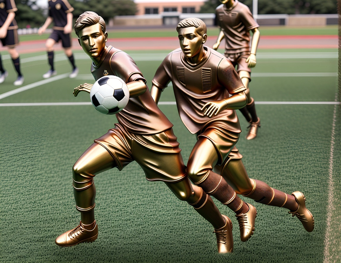 Sculpture of two kids playing soccer, created from a reference photo by generative AI similar as MidJourney and ChatGPT