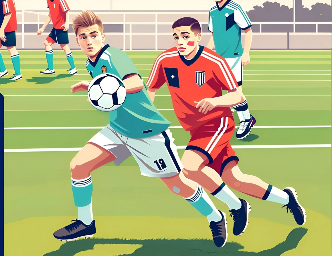 Vector art drawing of two kids playing soccer, created from a reference photo by generative AI similar as MidJourney and ChatGPT