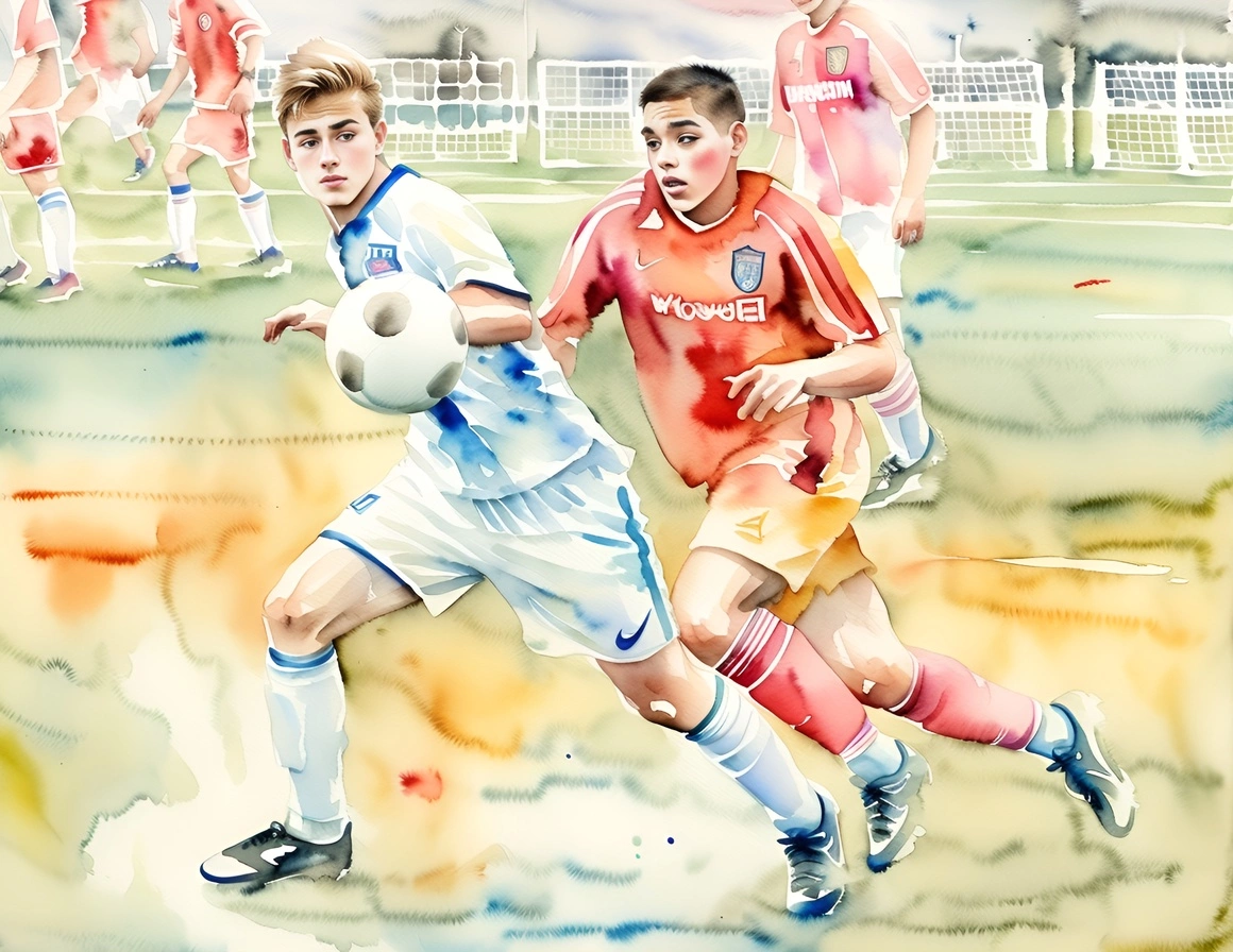 Watercolor painting of two kids playing soccer, created from a reference photo by generative AI similar as MidJourney and ChatGPT