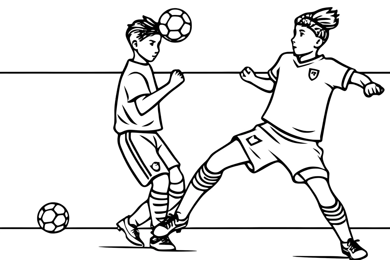 Coloriage de deux enfants jouant au foot