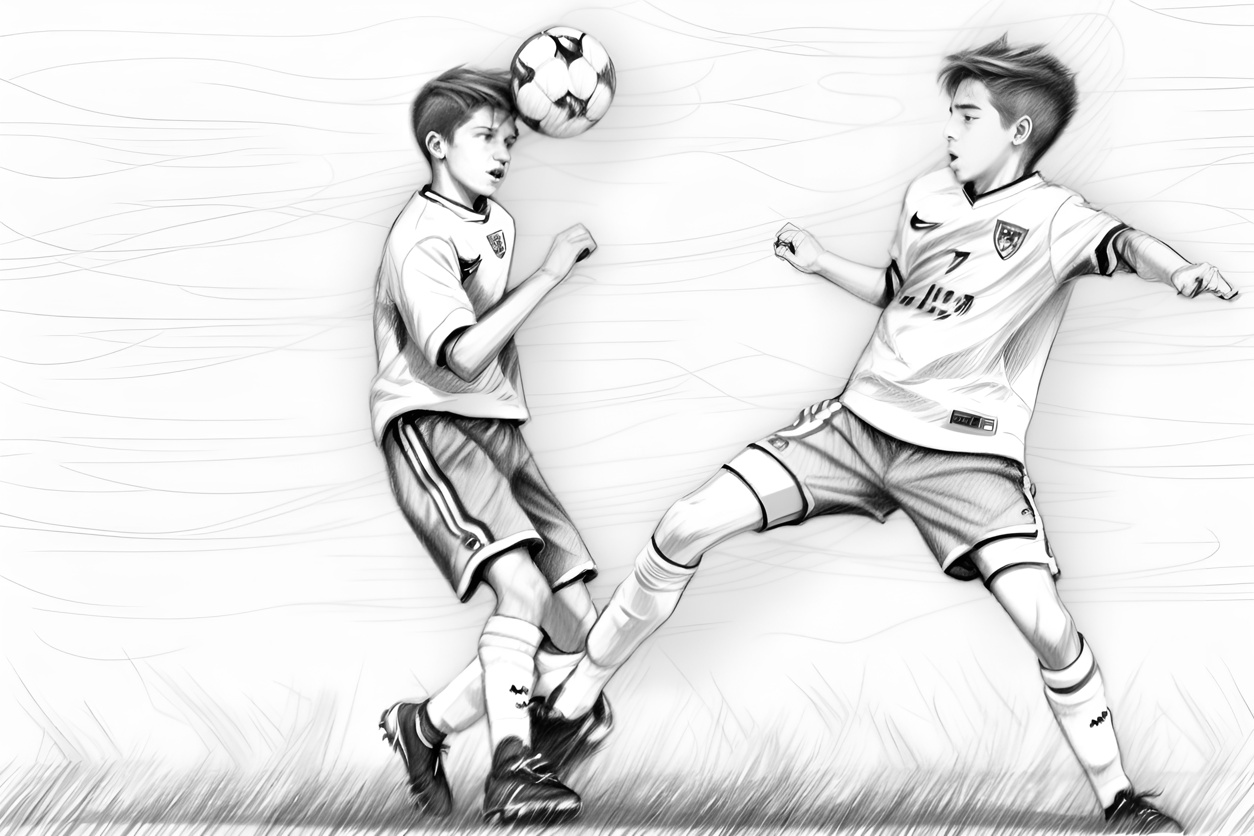 Pencil sketch drawing of two kids playing soccer, created from a reference photo by generative AI similar as MidJourney and ChatGPT