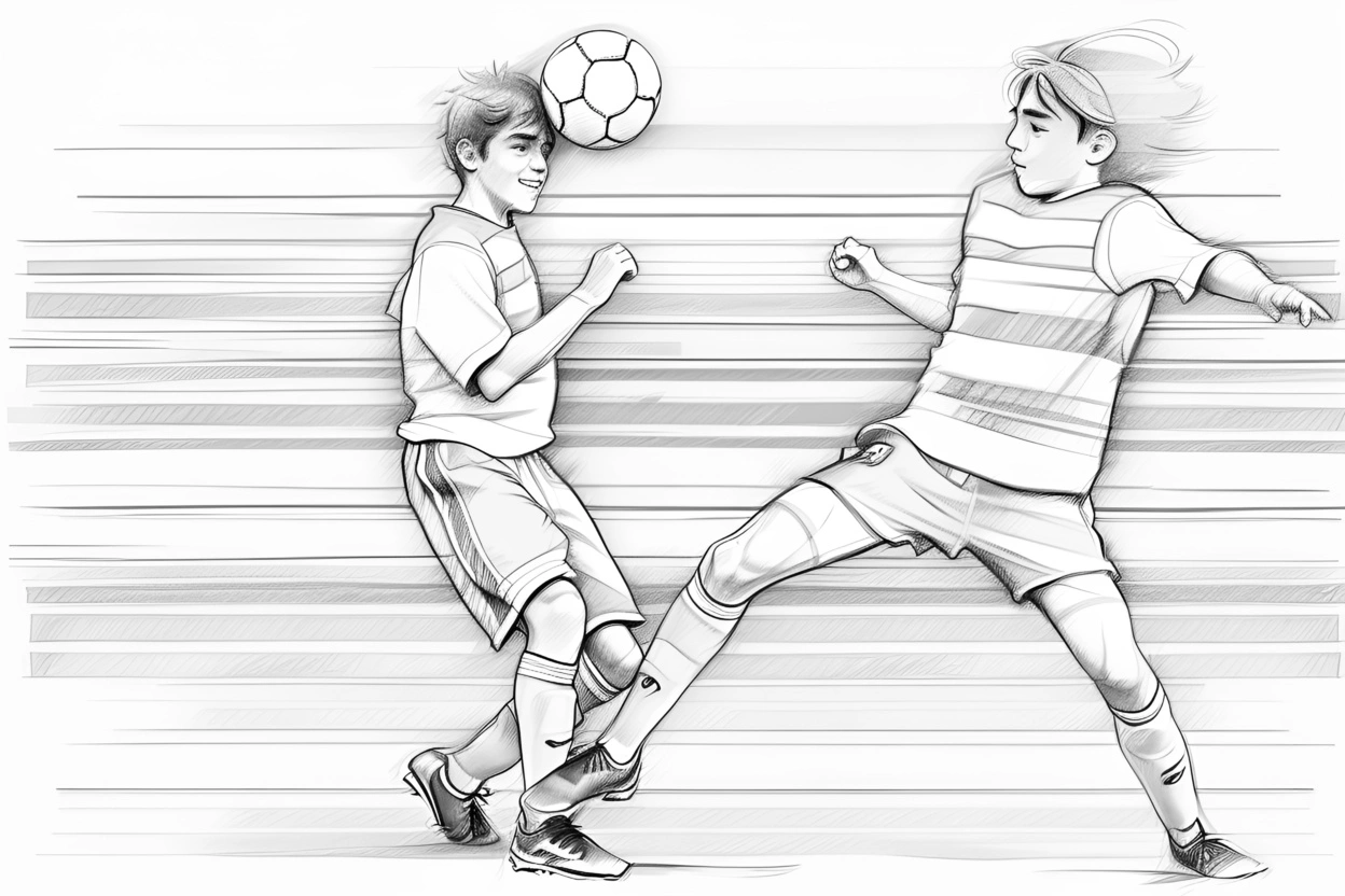 Pencil sketch drawing of two kids playing soccer, created from a reference photo by generative AI similar as MidJourney and ChatGPT