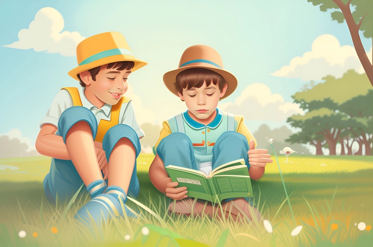 Cartoon Zeichnung von zwei Kindern, die auf Gras sitzen und ein Buch lesen, das aus einem Referenzfoto erstellt wurde