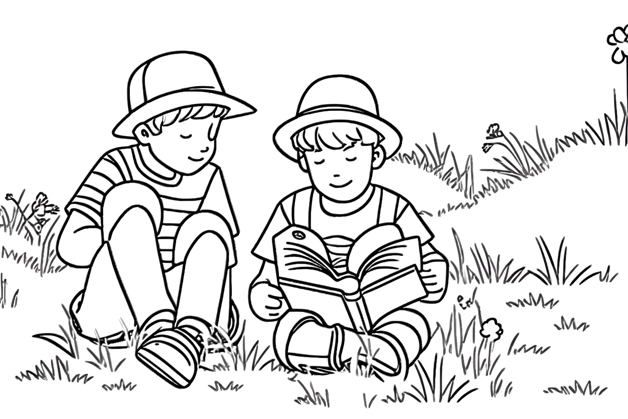 Photo to art example: a coloring page made from a photo of two kids