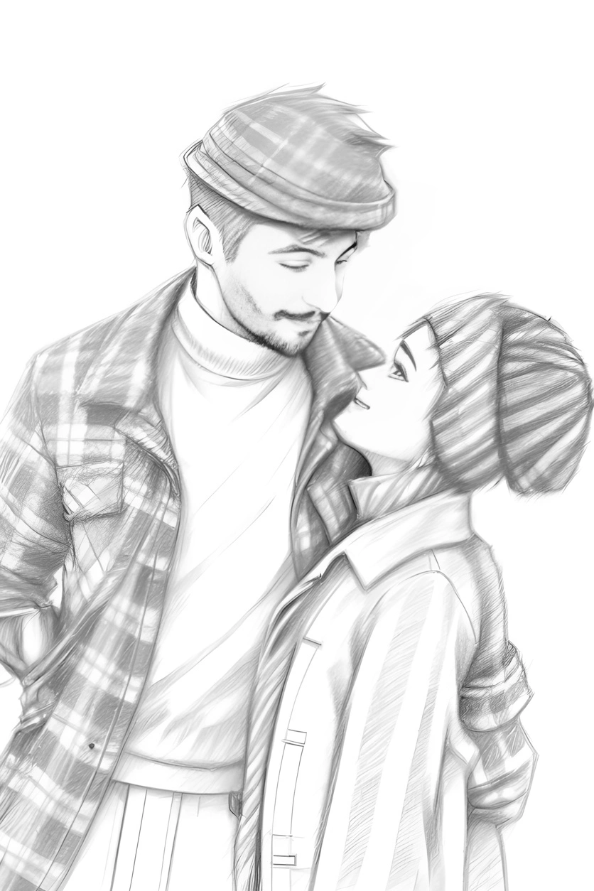 Pencil sketch drawing of a couple, created from a reference photo by generative AI similar as MidJourney and ChatGPT