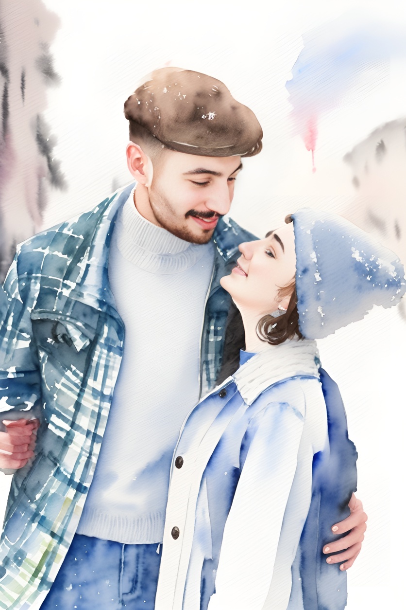 Watercolor painting of a couple, created from a reference photo by generative AI similar as MidJourney and ChatGPT