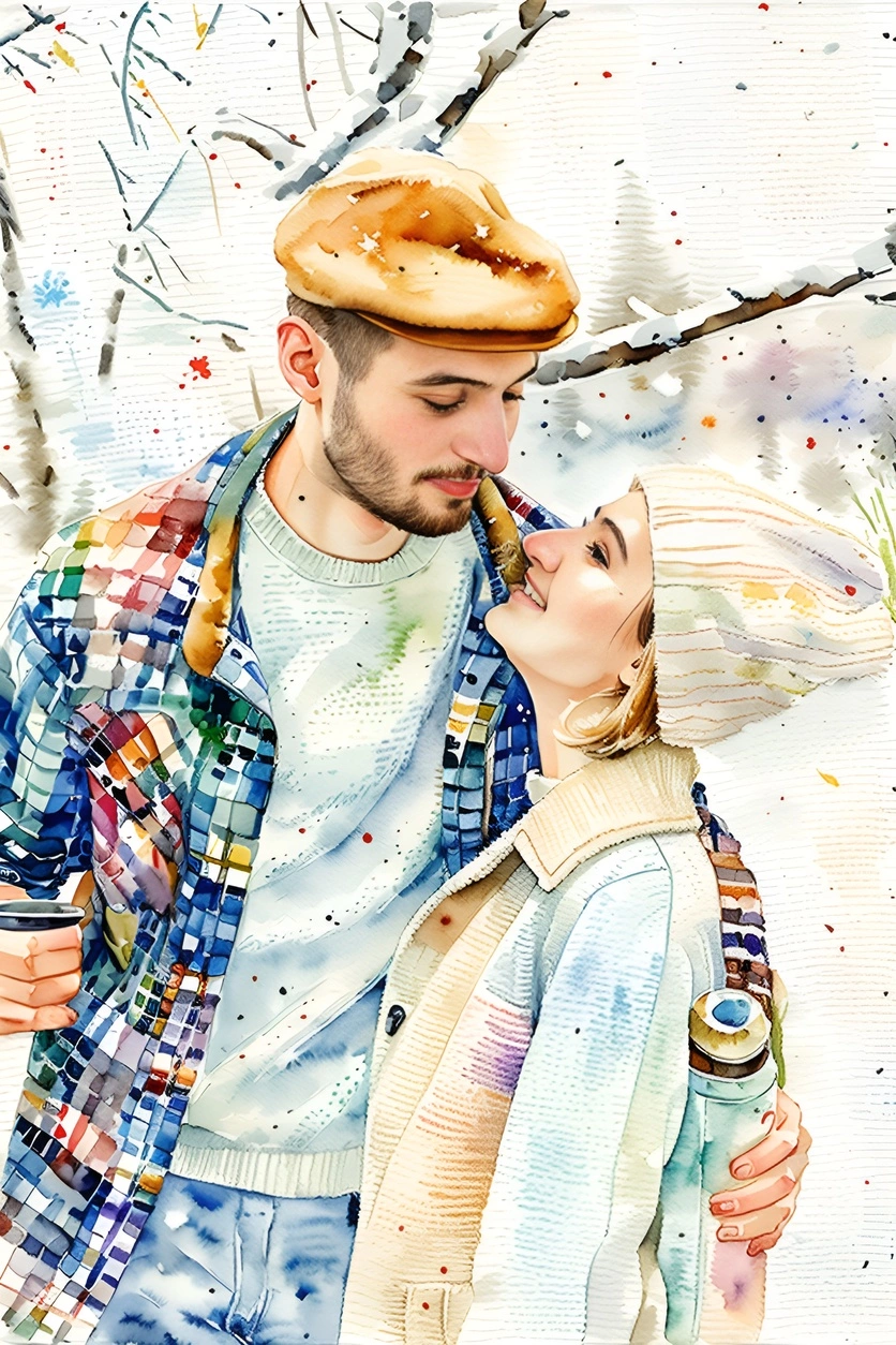 Watercolor painting of a couple, created from a reference photo by generative AI similar as MidJourney and ChatGPT