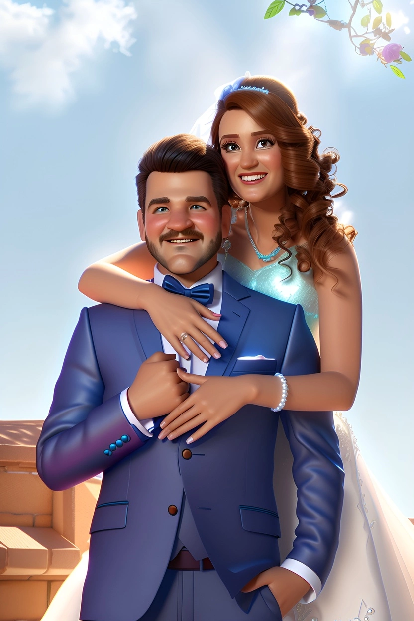 3D cartoon of a couple in wedding dress, created from a reference photo by generative AI similar as MidJourney and ChatGPT