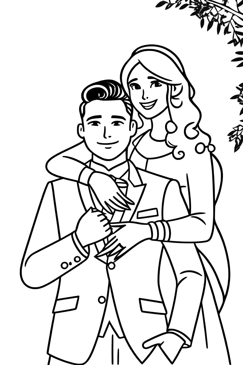 coloring page of a couple in wedding dress, created from a reference photo by generative AI similar as MidJourney and ChatGPT