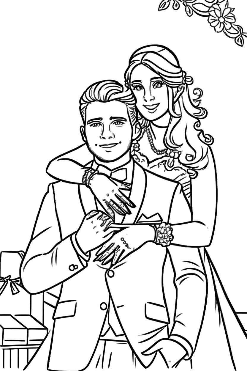 coloring page of a couple in wedding dress, created from a reference photo by generative AI similar as MidJourney and ChatGPT