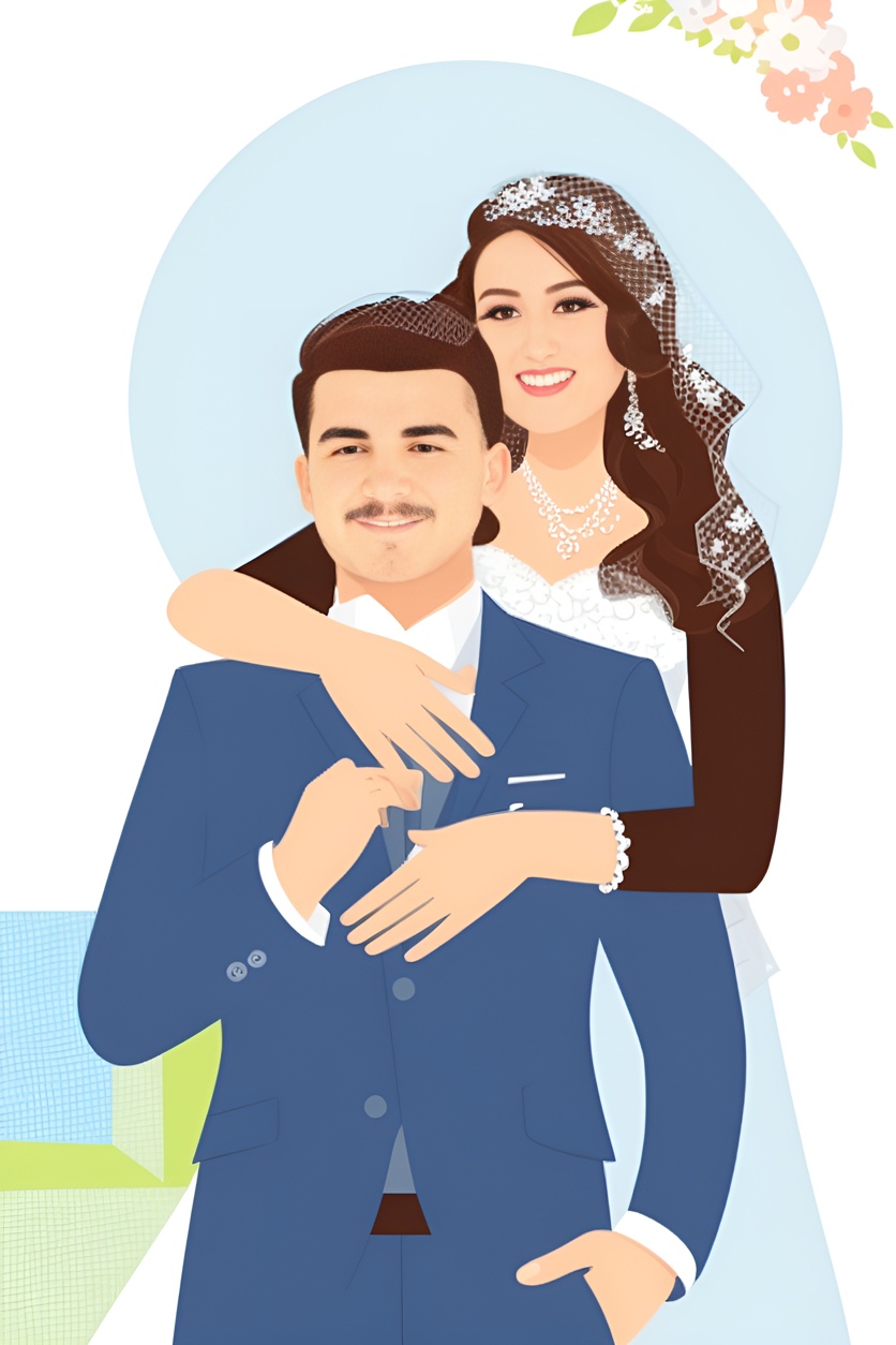 illustration of a couple in wedding dress, created from a reference photo by generative AI similar as MidJourney and ChatGPT