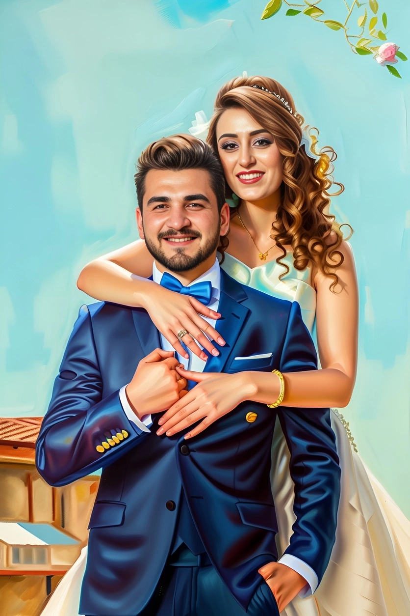 oil painting of a couple in wedding dress, created from a reference photo by generative AI similar as MidJourney and ChatGPT