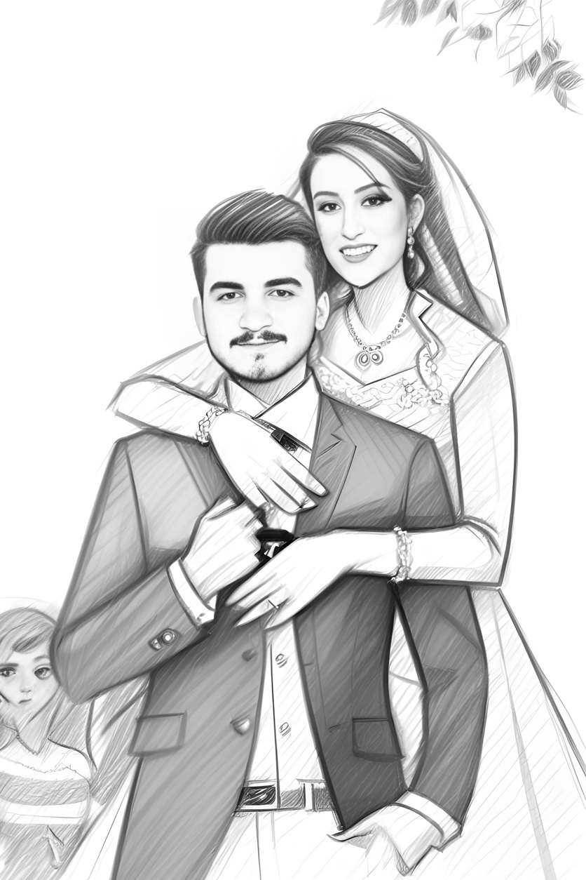 pencil sketch drawing of a couple in wedding dress, created from a reference photo by generative AI similar as MidJourney and ChatGPT