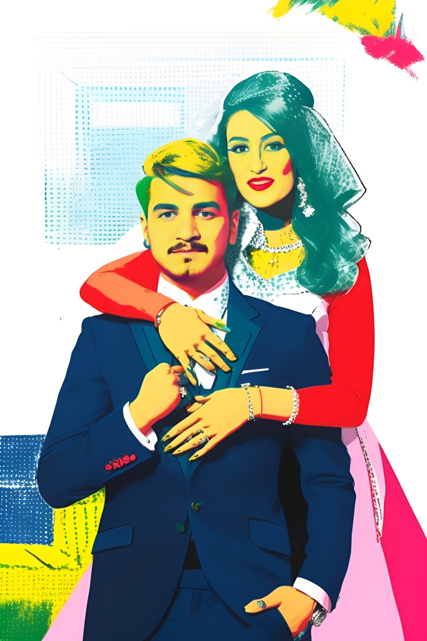 pop art picture of a couple in wedding dress, created from a reference photo by generative AI similar as MidJourney and ChatGPT
