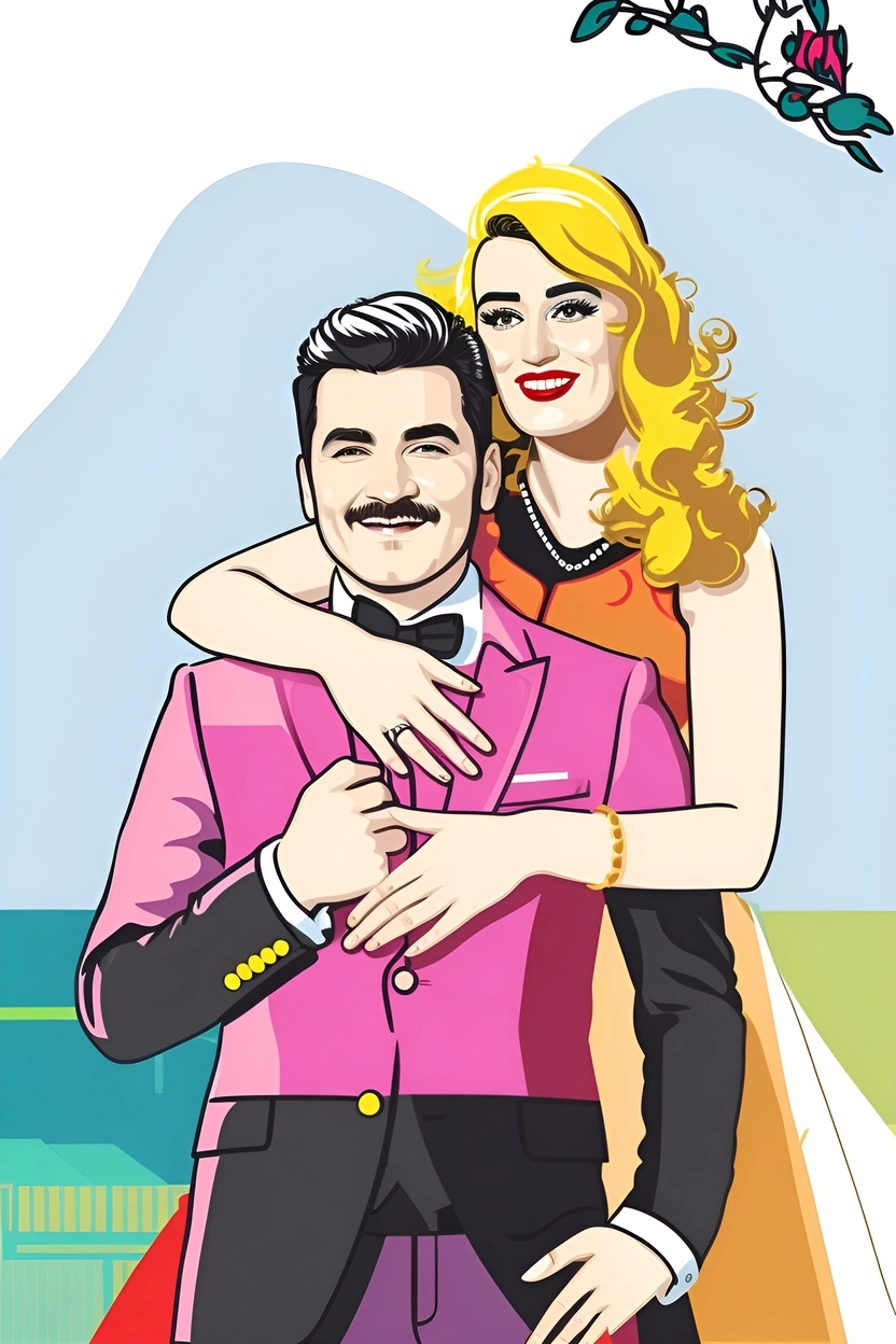 pop art picture of a couple in wedding dress, created from a reference photo by generative AI similar as MidJourney and ChatGPT