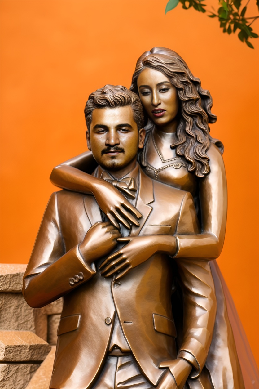sculpture of a couple in wedding dress, created from a reference photo by generative AI similar as MidJourney and ChatGPT