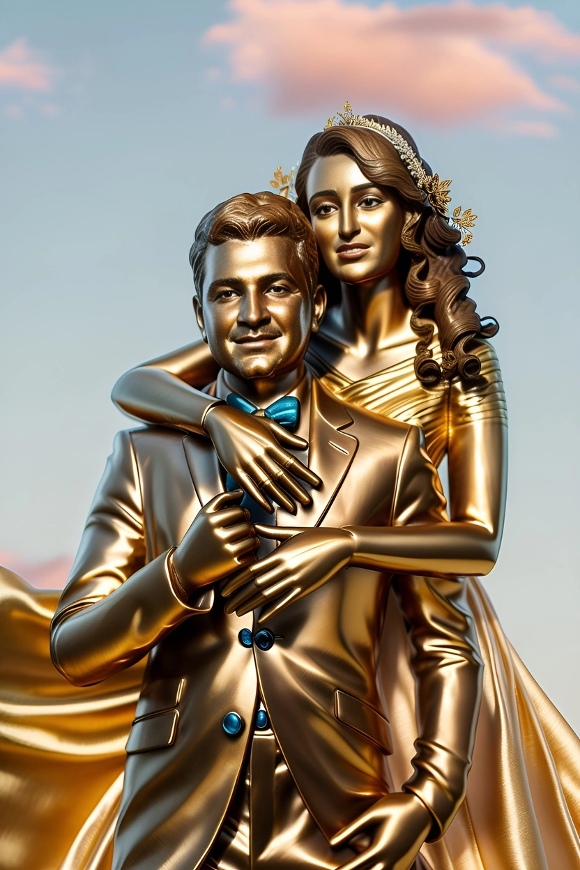 sculpture of a couple in wedding dress, created from a reference photo by generative AI similar as MidJourney and ChatGPT