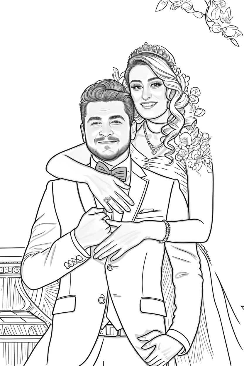 Line Schizzo Disegno del matrimonio, creato da una foto di riferimento con AI generativa simile a Midjourney