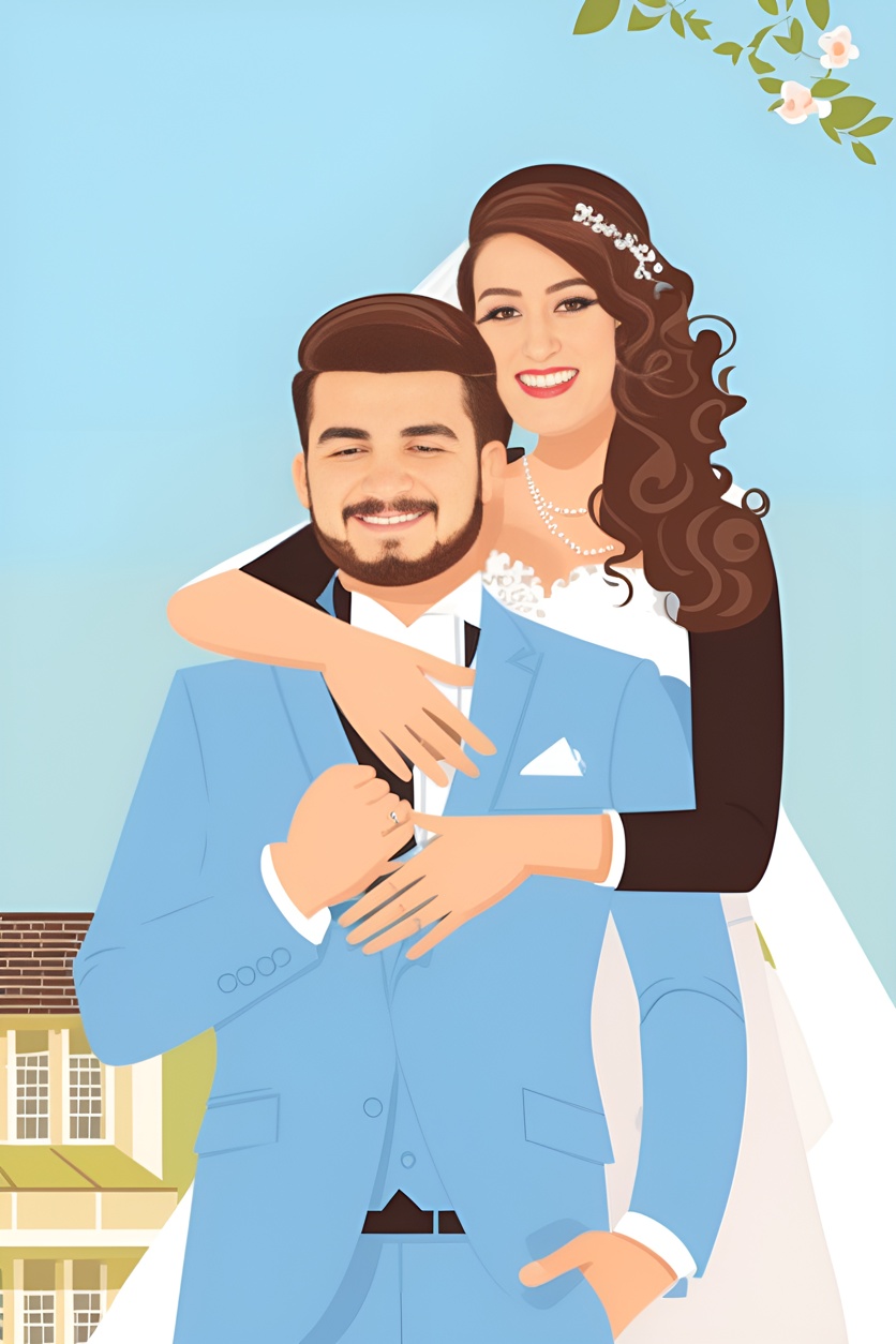 vector art picture of a couple in wedding dress, created from a reference photo by generative AI similar as MidJourney and ChatGPT