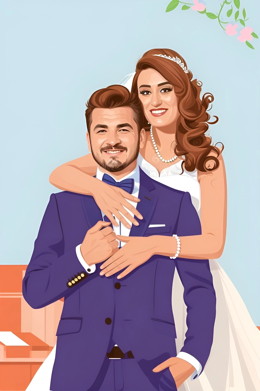 Image d'art vectoriel d'un couple en robe de mariée, créée à partir d'une photo de référence de Généative Ai similaire à MidJourney et Chatgpt