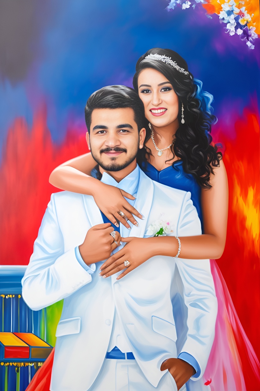 vibrant painting of a couple in wedding dress, created from a reference photo by generative AI similar as MidJourney and ChatGPT