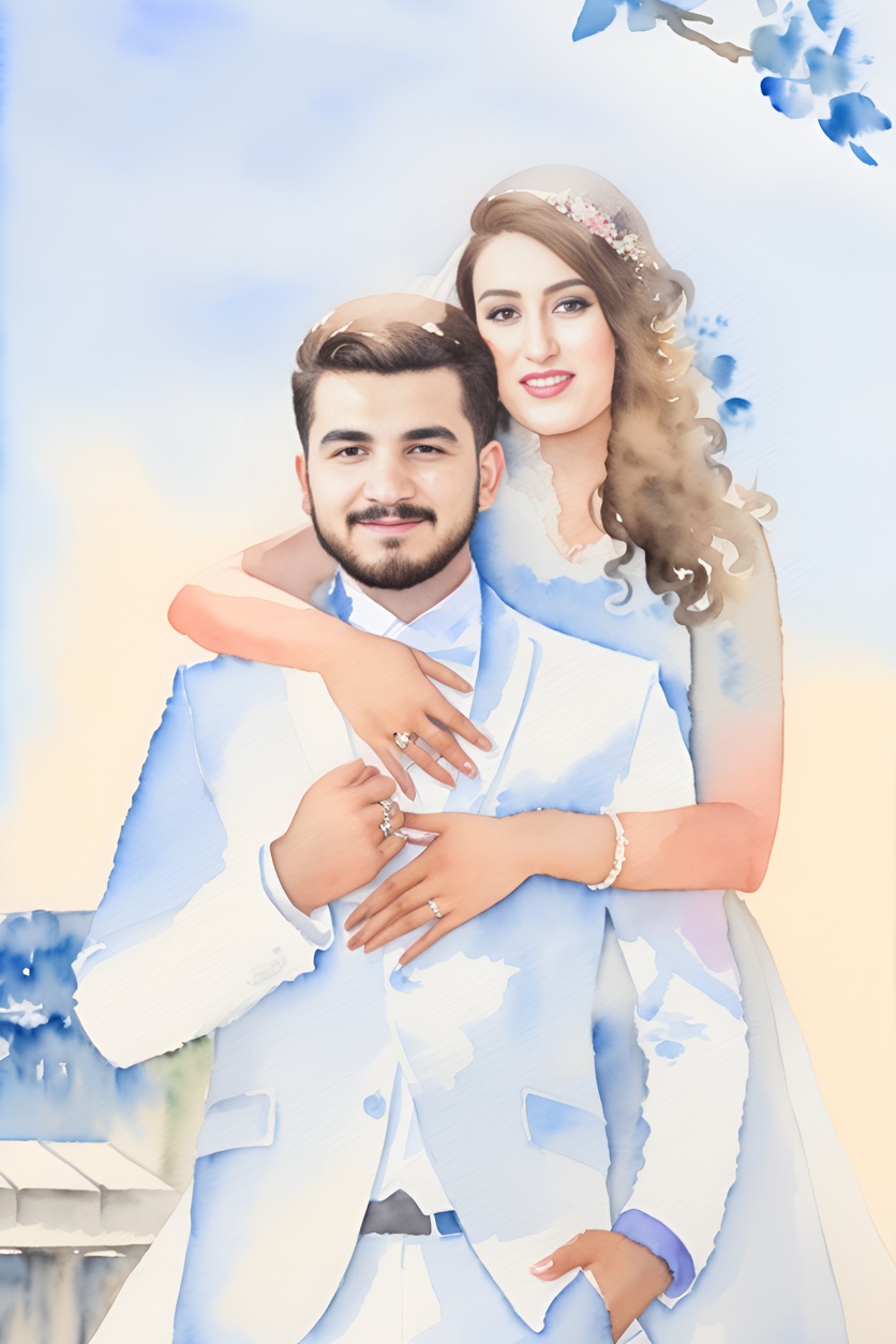watercolor painting of a couple in wedding dress, created from a reference photo by generative AI similar as MidJourney and ChatGPT