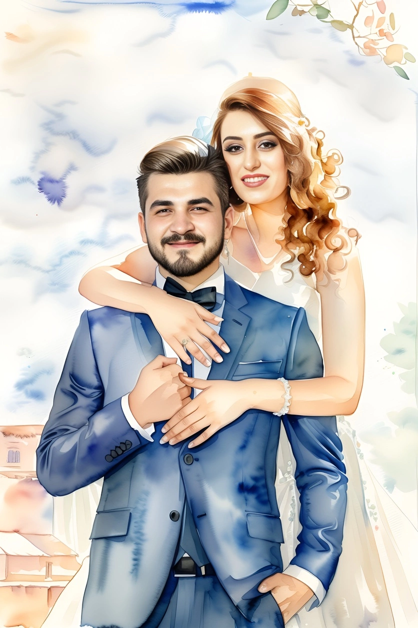 watercolor painting of a couple in wedding dress, created from a reference photo by generative AI similar as MidJourney and ChatGPT