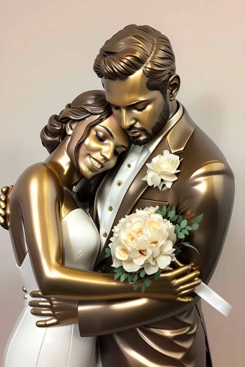 sculpture of a couple in wedding dress, created from a reference photo by generative AI similar as MidJourney and ChatGPT