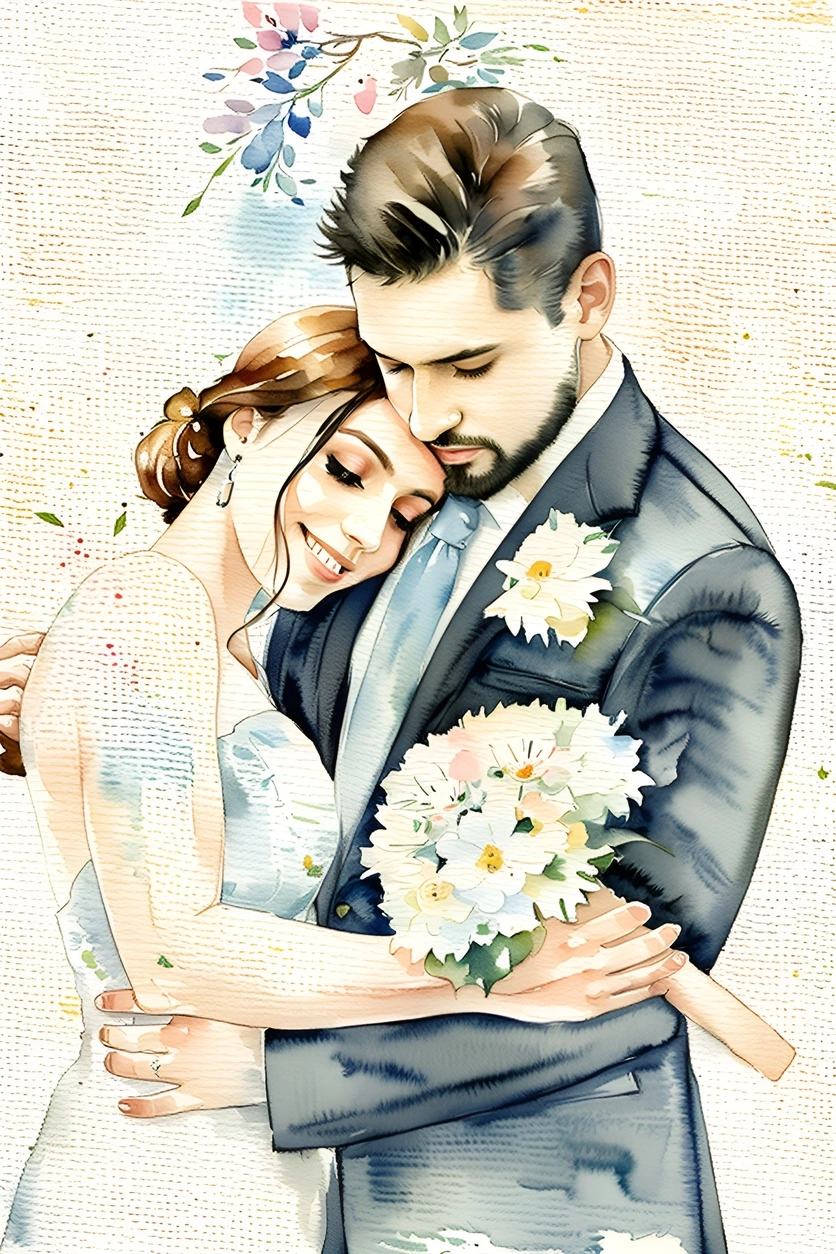 watercolor painting of a couple in wedding dress, created from a reference photo by generative AI similar as MidJourney and ChatGPT