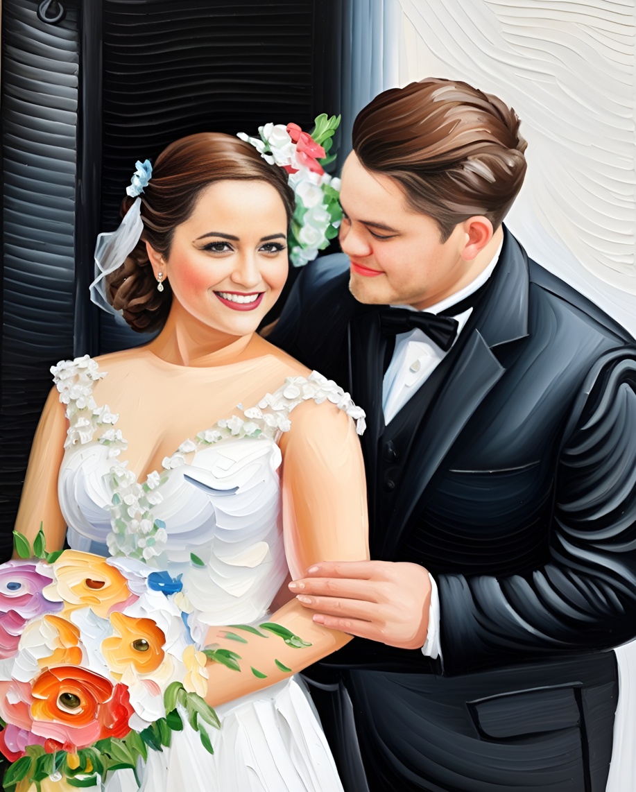 oil painting of a couple in wedding dress, created from a reference photo by generative AI similar as MidJourney and ChatGPT