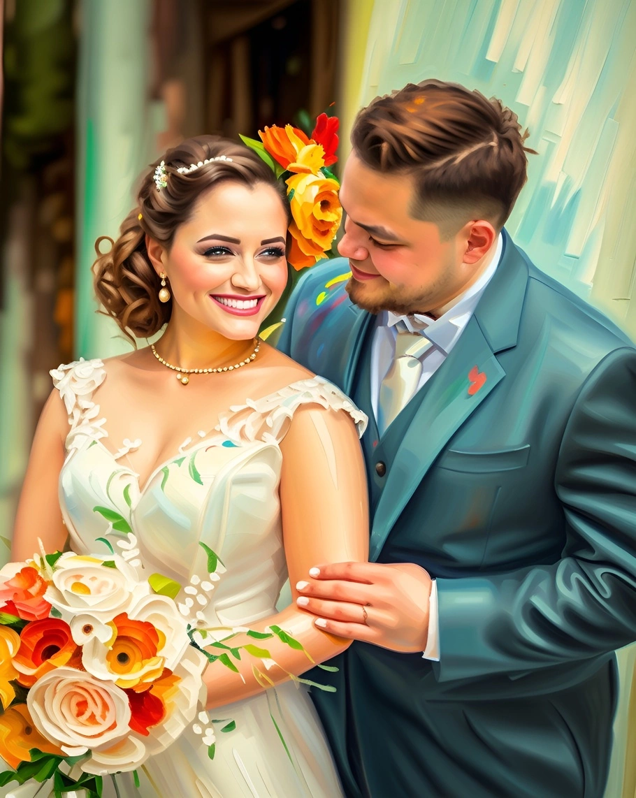 oil painting of a couple in wedding dress, created from a reference photo by generative AI similar as MidJourney and ChatGPT